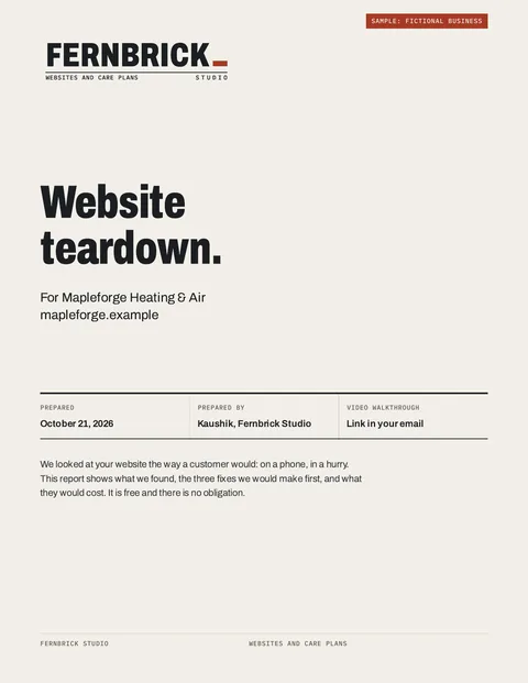 Page 1 of a sample website teardown for Mapleforge Heating & Air, a fictional business, prepared by Fernbrick Studio.